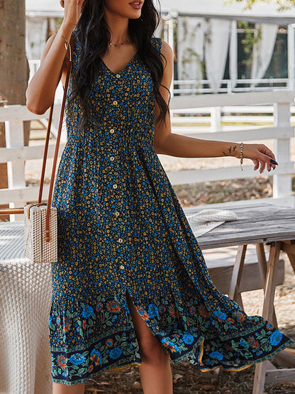 Dam Midiklänning Blommig V-Utringning Bomull och Viskos-5
