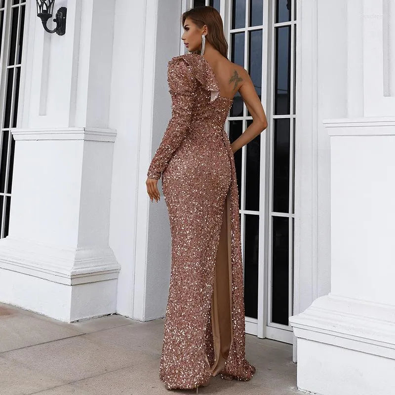 Maxiklänning Dam Glittrande Design Långt Snitt Högkvalitativt Material-2