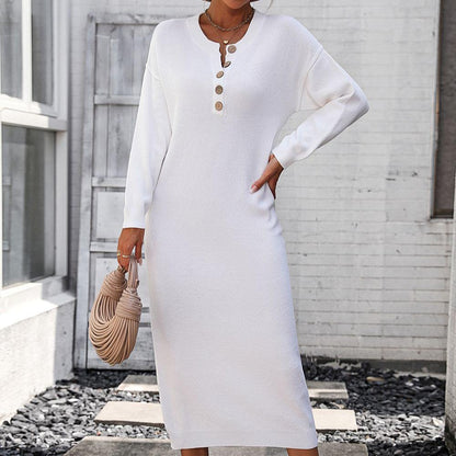 Kvinnors Vinterklänning Långärmad Stickad med Knappdetaljer-3