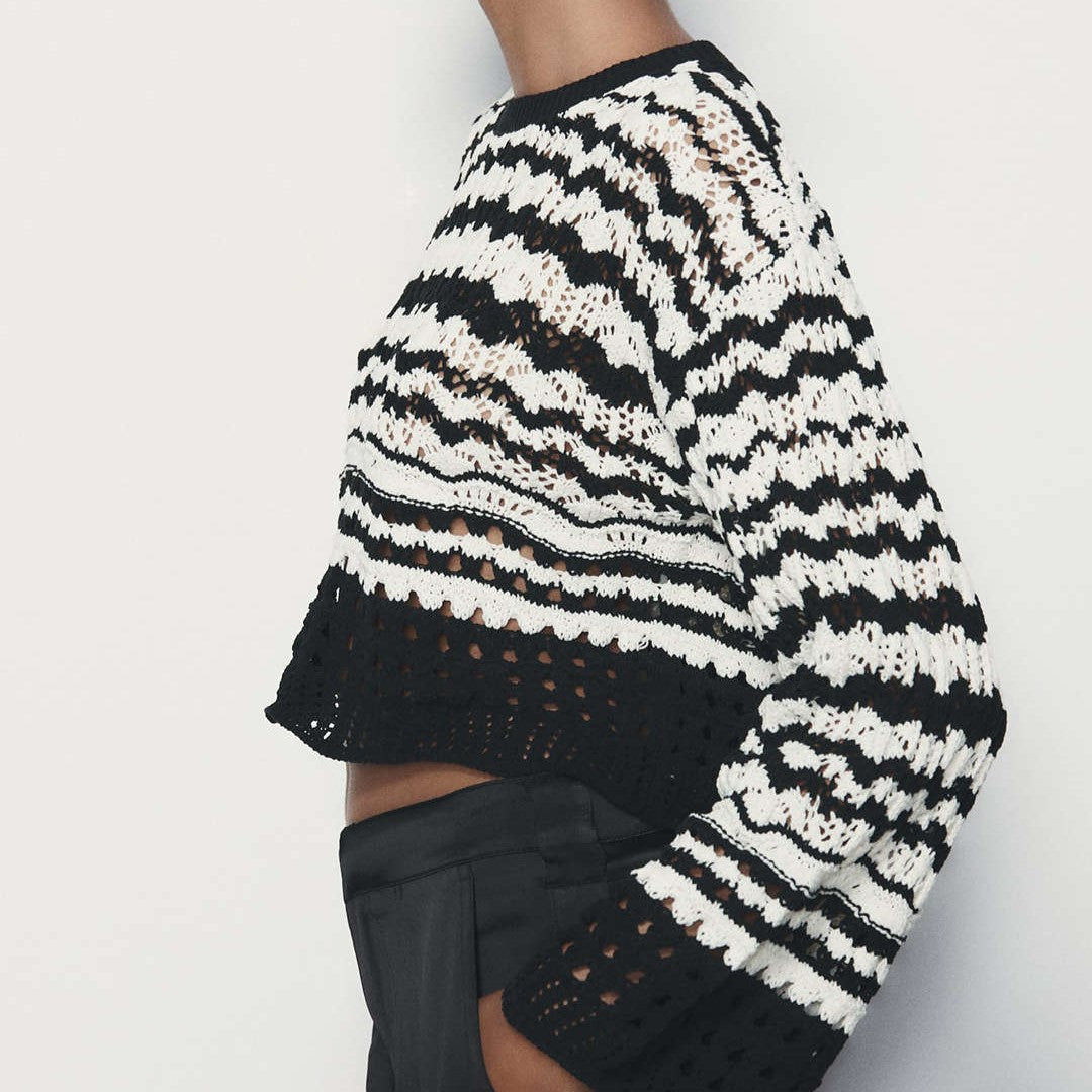 Dam Tröja Beskuren Randig med Fransdetaljer i Bomull-3