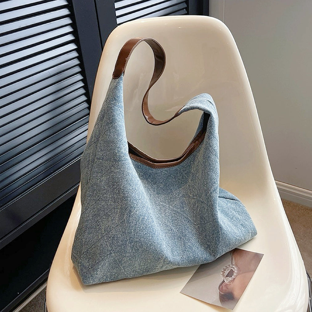 Dam Axelremsväska Denim med Diamantmönster Justerbar Rem-4