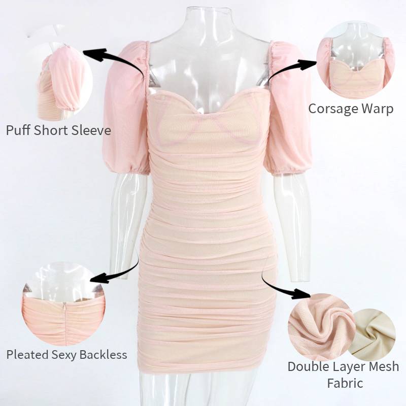 Damklänning Mini med Puffärmar, Tight Passform i Polyester – Enfärgad, Kort Ärmlängd, Perfekt för Festliga Tillfällen 4