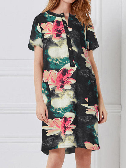 Kvinnors Midi Klänning Blommönster 100% Bomull Kort Ärmar Retro Style-2