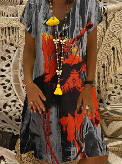 Variant image for Damklänning Midi V-ringning Blommönster Polyester Korta Ärmar-16