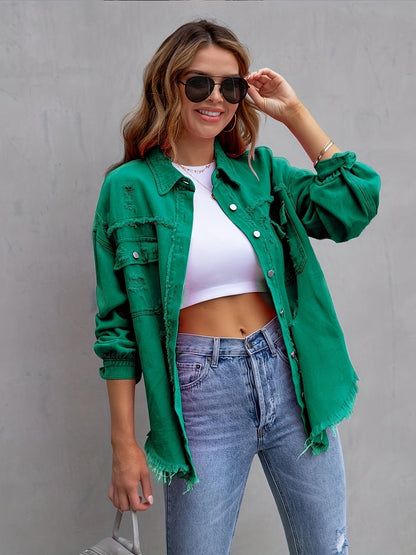 Dam Oversized Jeansjacka med Rivna Detaljer i Högkvalitativ Denim 2