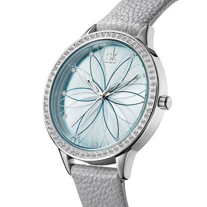 Damklocka Rund Design i Rostfritt Stål med PU-Läderarmband och Blommiga Motiv-3