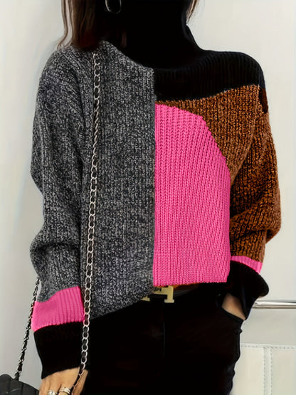 Stickad Dam Tröja Turtleneck Mjuk Tyg med Sänkta Axlar-3