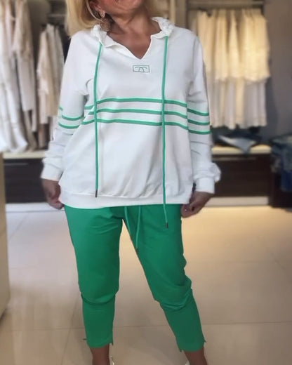 Dam Byxuppsättning Randiga Byxor Huvajacka 100% Bomull-5