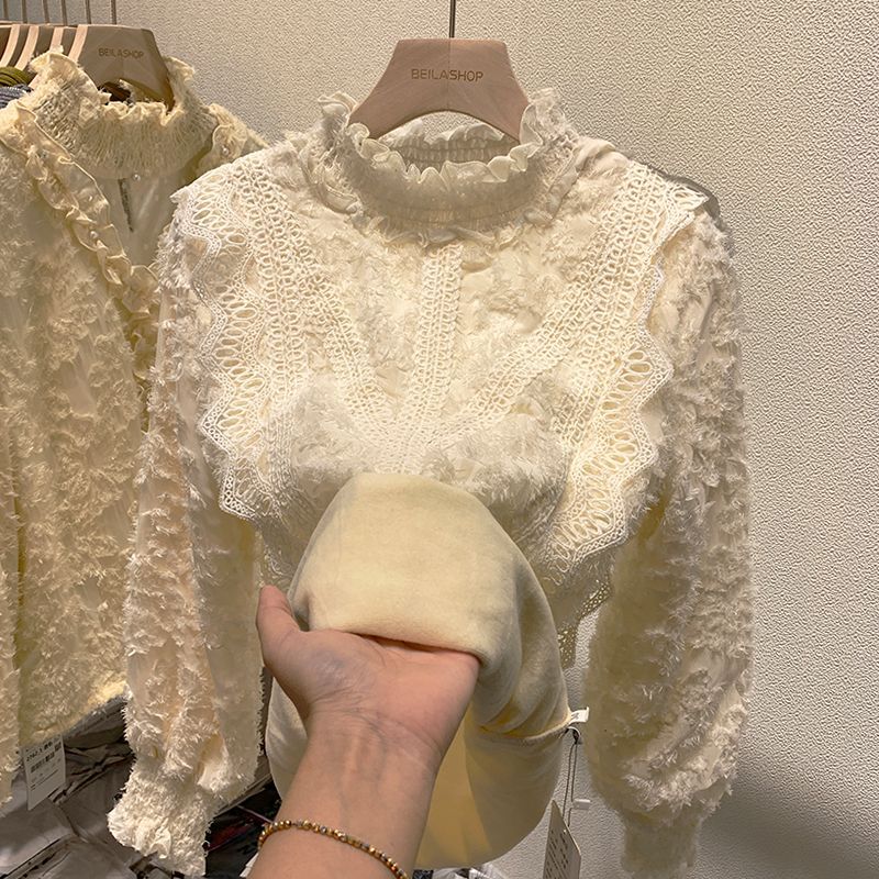 Dam Långärmad Topp Blommorbroderi Polyester-2