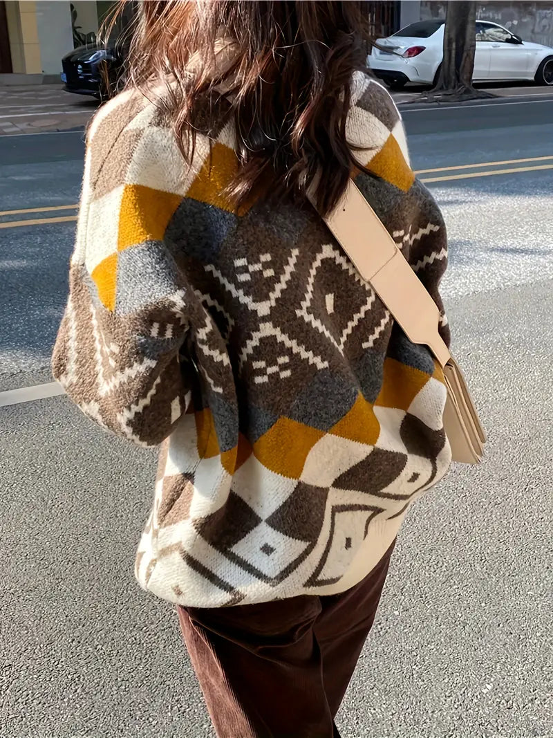 Kvinnors Tröja Rund Halsringning Geometriskt Mönster Mjuk Fiberblandning-3