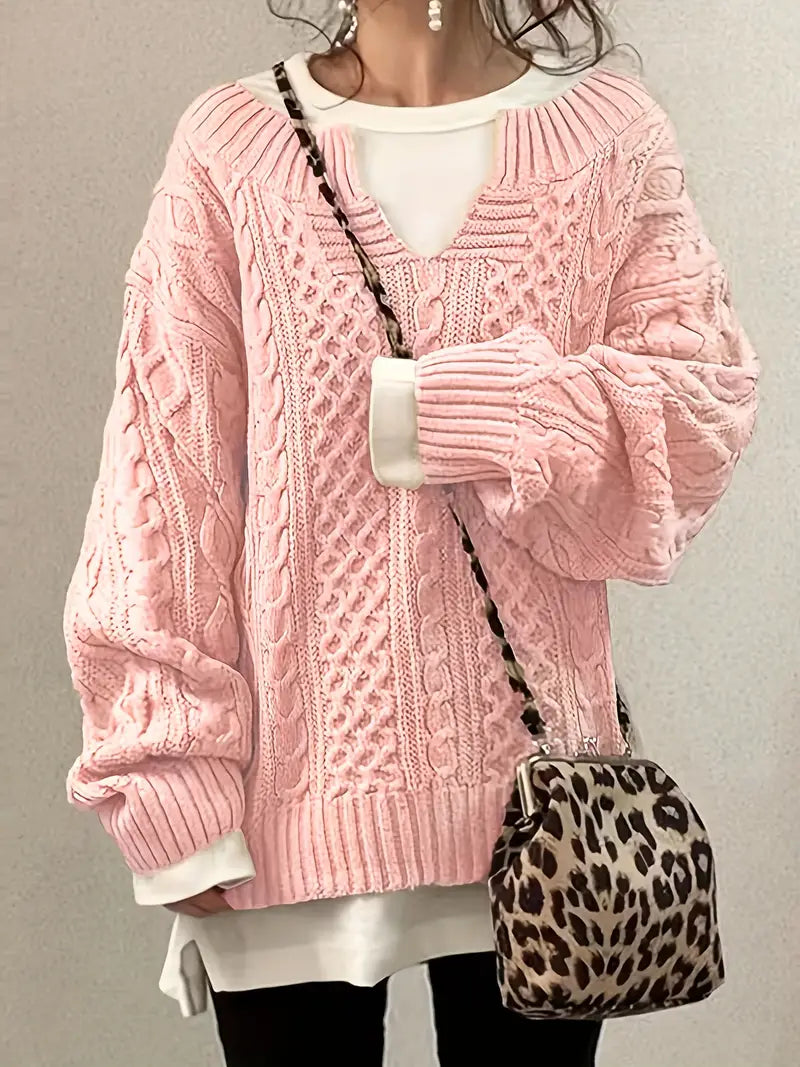 Stickad Dam Tröja V-ringad Kabelmönster Mjuk Akrylblandning-1