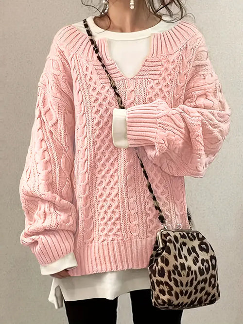 Stickad Dam Tröja V-ringad Kabelmönster Mjuk Akrylblandning-1