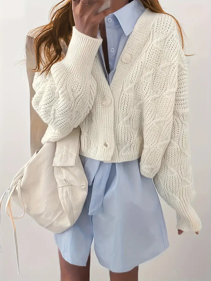 Kofta Dam Kabelmönster Knappstängning Mjuk Ullkofta-2