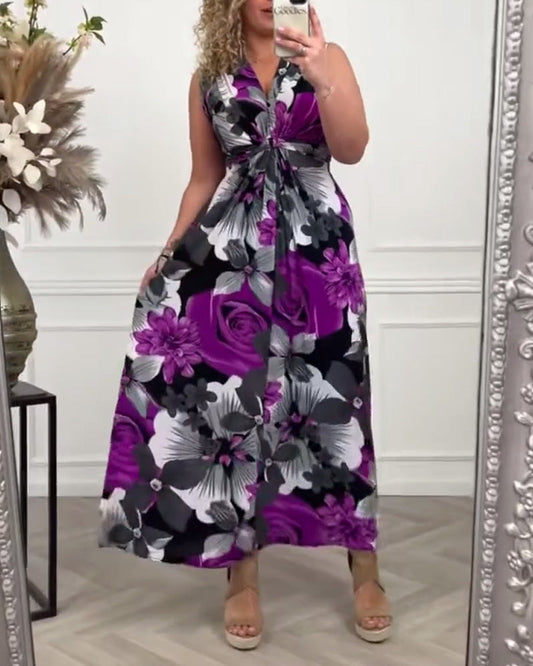 Kvinna Klänning Veckad Blommönster Polyester-1