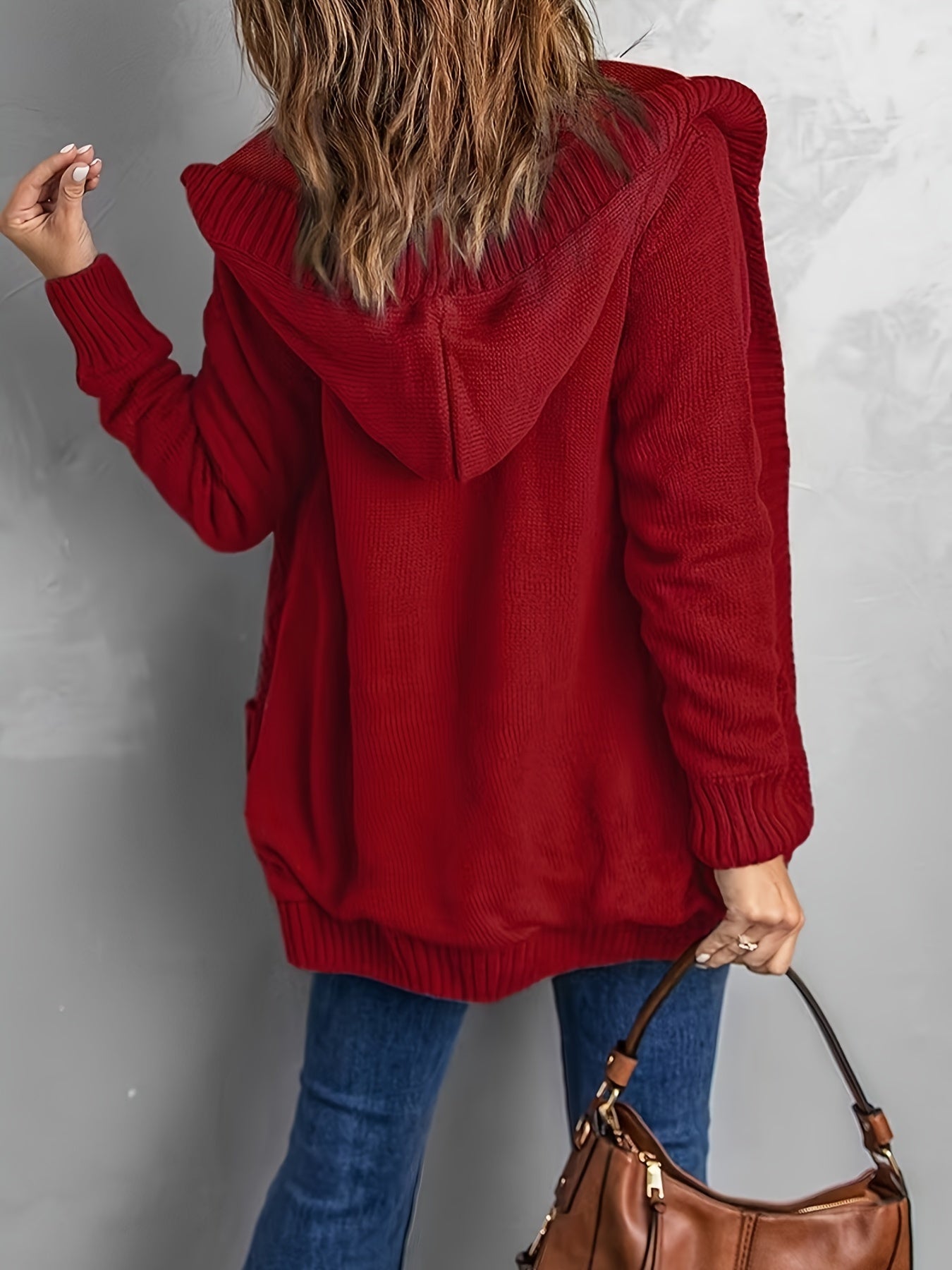 Dam Fleece Cardigan Stickad Design med Huva-5