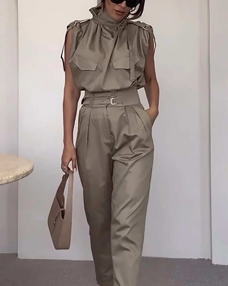 Dam Set Krawattenhals Topp och Byxor Polyester Avslappnad-3