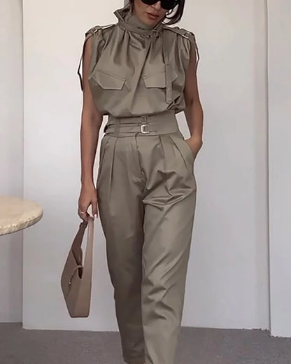 Dam Set Krawattenhals Topp och Byxor Polyester Avslappnad-3