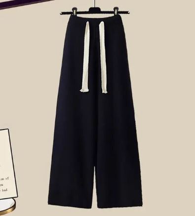 Dam Tvådelad Set Långärmad Tröja Bredbyxor Slätt Tyg 11