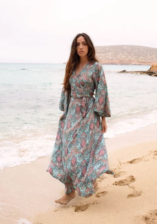 Dam Klänning Wrap Design Bomull Flödande-1