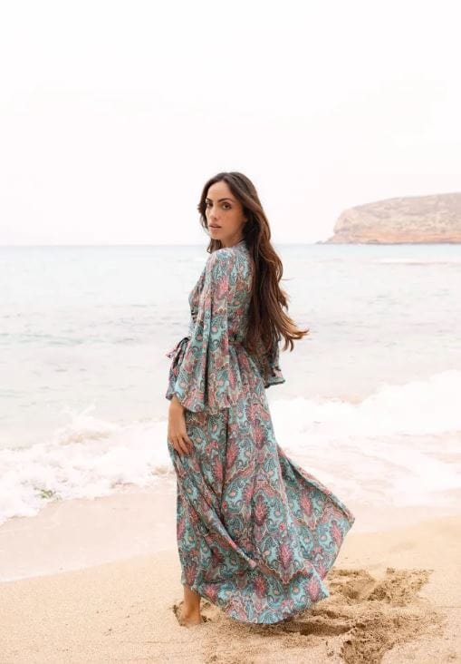 Dam Klänning Wrap 100% Bomull Blå-3