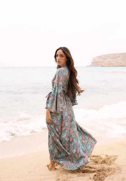 Dam Klänning Wrap 100% Bomull Blå-3