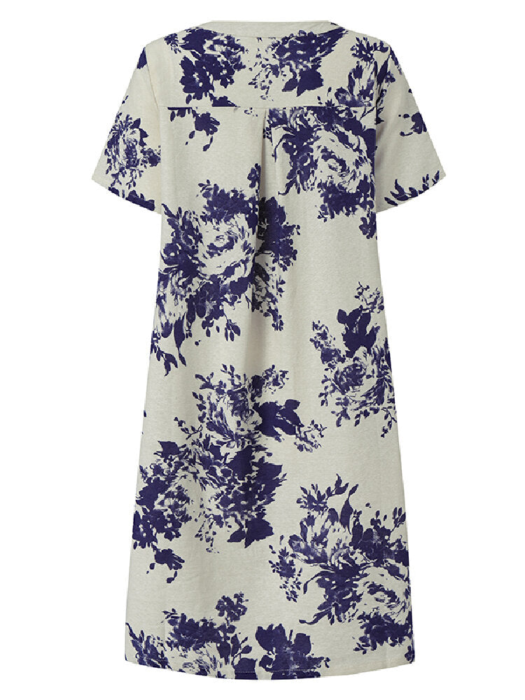 Kvinnors Midi Klänning Blommönster 100% Bomull Kort Ärmar Retro Style-5