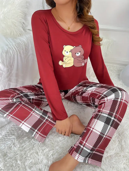 Kvinnors Pyjamas Löst Sittande Mjukt Material med Tecknat Björntryck-5