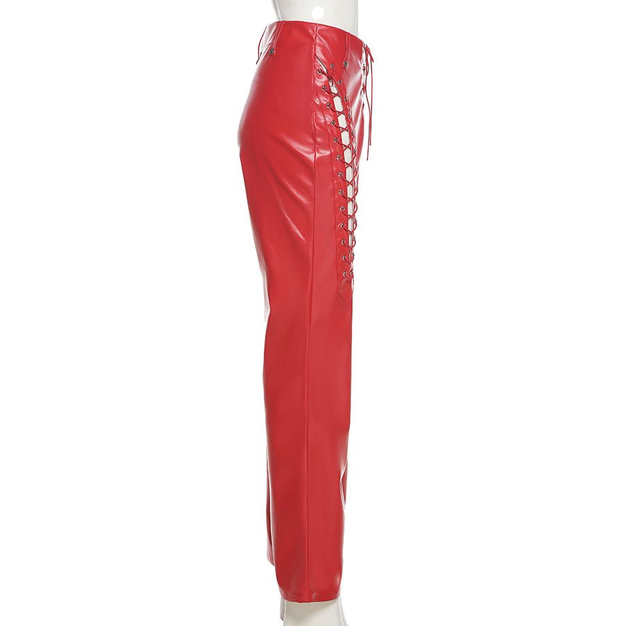 Läderbyxor Dam Hög Midja Monokrom Stil PU Spandex-3
