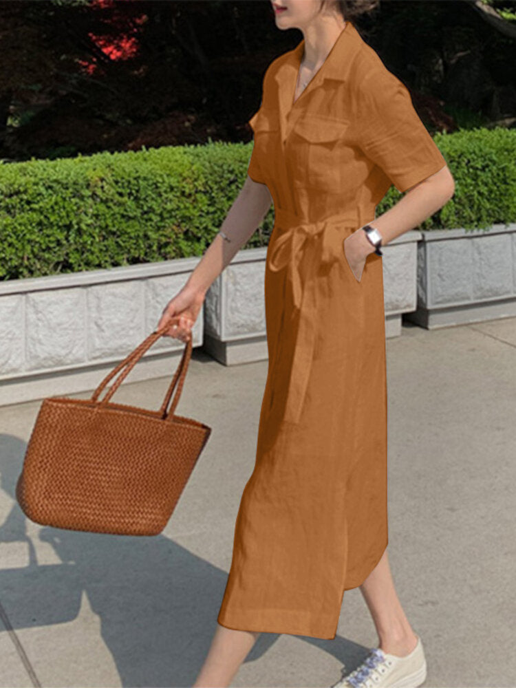 Fina Dam Klänningar Midi med Fickor och 3/4 Ärmar i Bomull-5