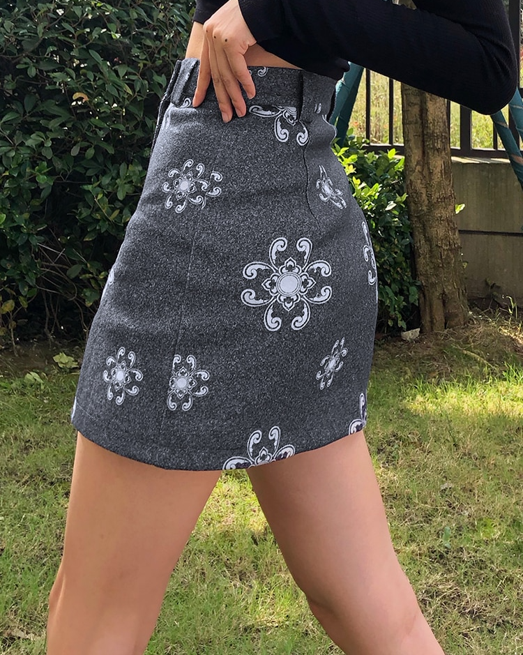 Dam Mini Kjol Hög Midja Blommönster Polyester-4