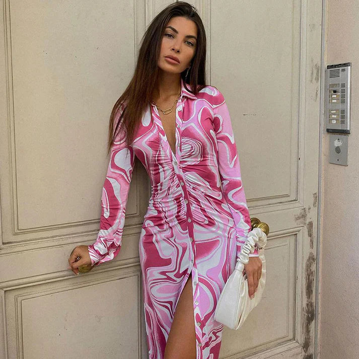 Damklänning Skjorta Abstrakt Mönster Polyester Långärmad-1