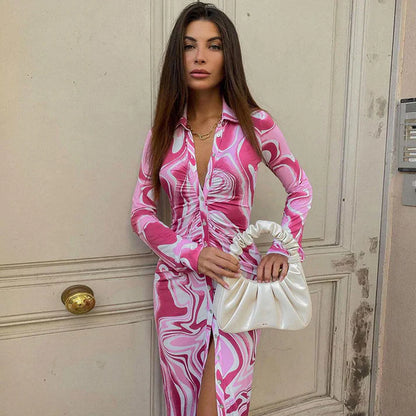 Damklänning Skjorta Abstrakt Mönster Polyester Långärmad-2