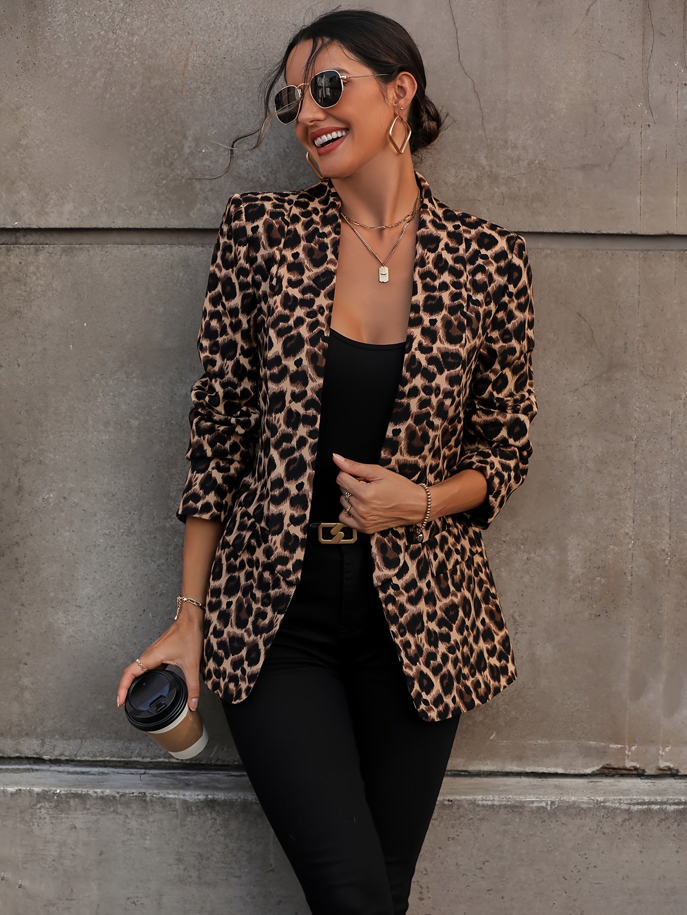 Dam Blazer Lång Leopardmönster Affärslook Kvalitativt Tyg-5