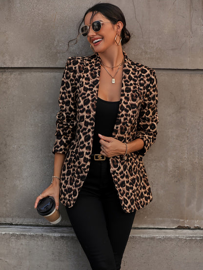 Dam Blazer Lång Leopardmönster Affärslook Kvalitativt Tyg-5