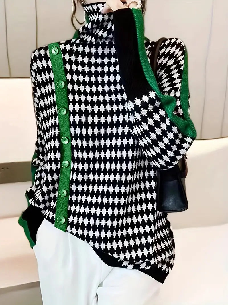 Dam Turtleneck Tröja Mönstrad 100% Bomull Avslappnad Passform 4