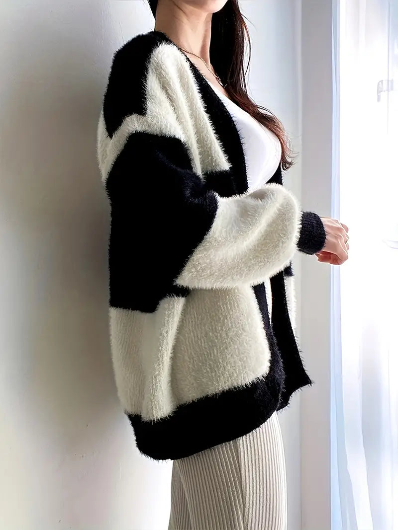 Dam Lång Kofta Färgblock Design Mjuk Material-3