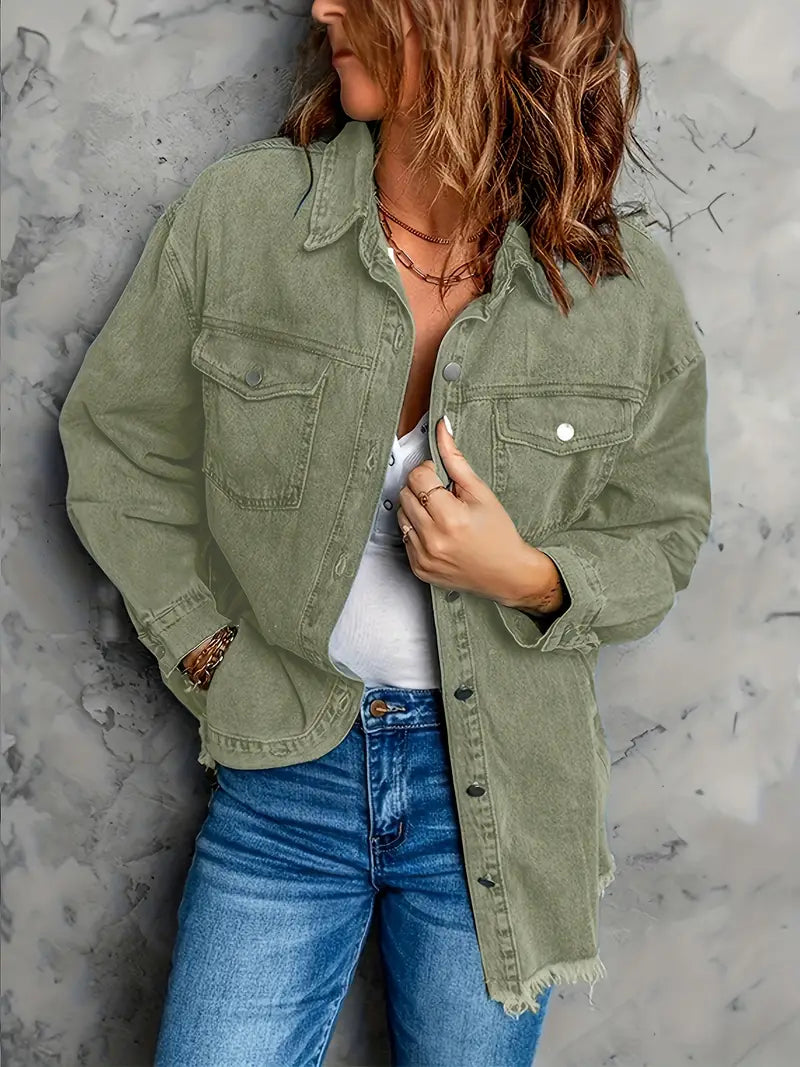 Dam Denimjacka Fransad Vändbar Krage 100% Bomull-3