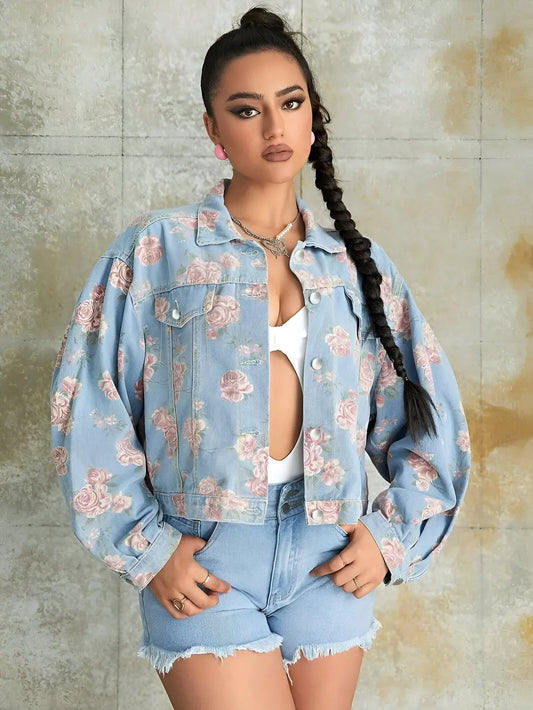 Dam Jeansjacka Vintage Blommönster i Denim-1