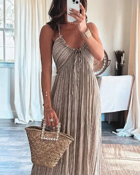 Kvinnor Ärmlös Klänning Veckad Polyester-5