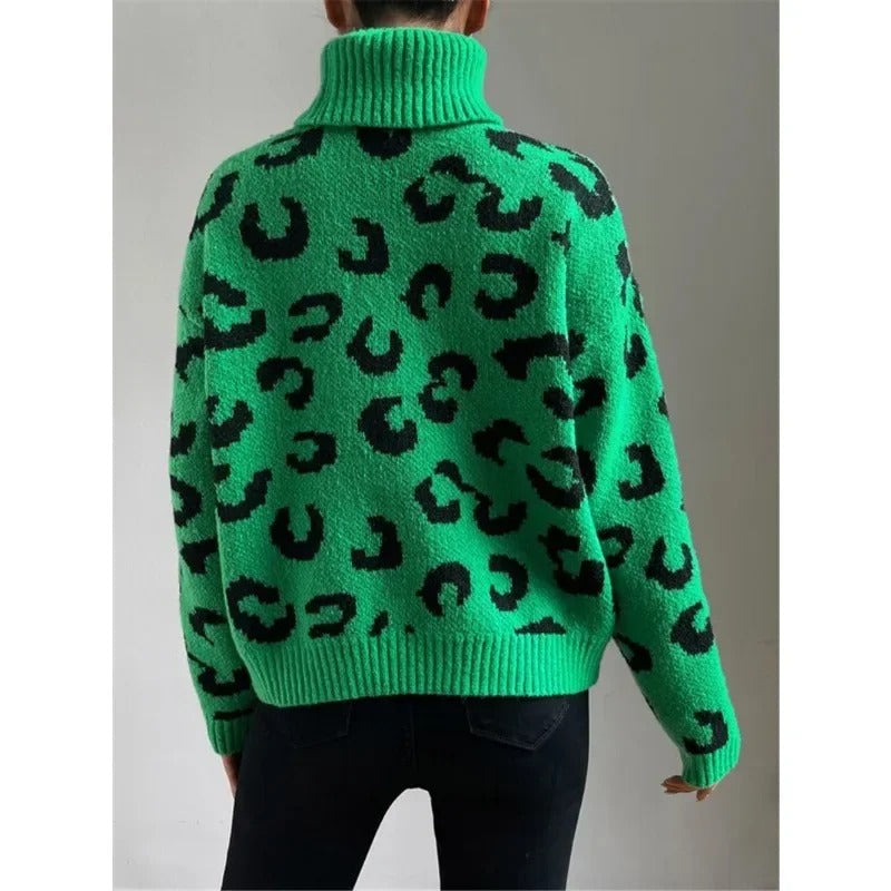 Dam Turtleneck Tröja Leopardmönster Stickad-4
