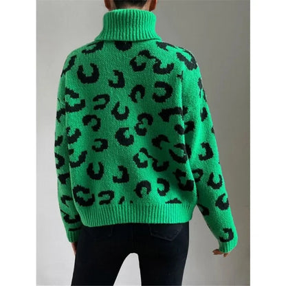 Dam Turtleneck Tröja Leopardmönster Stickad-4