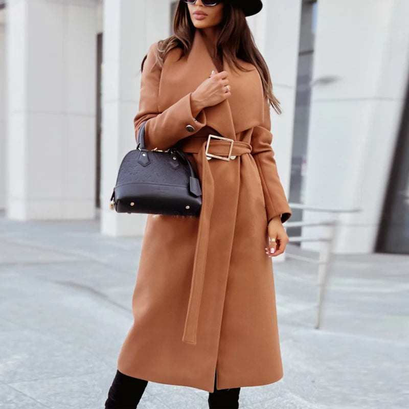 Lång Trenchcoat Dam med V-hals och Bälte i Polyester – Modern och Elegant För Kalla Dagar 2