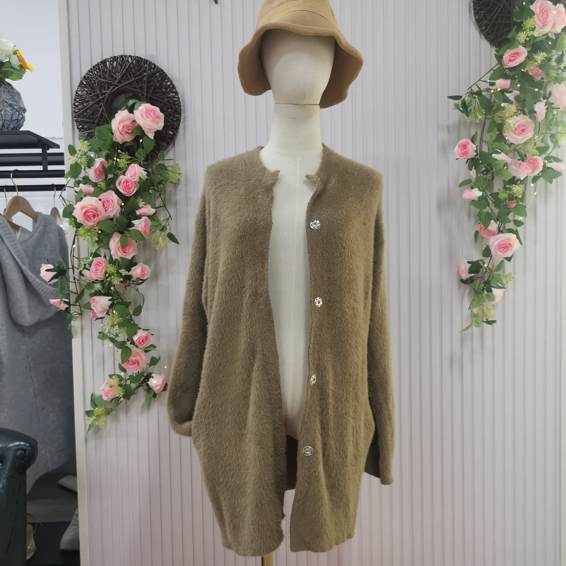 Dam Lång Kofta Cardigan i Kaffe Färg Högkvalitativt Material-4