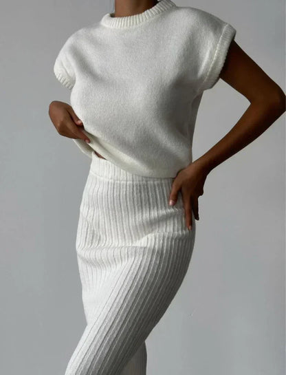 Dam Tvådelad Uppsättning Ärmlös Väst Stickad Kjol-2