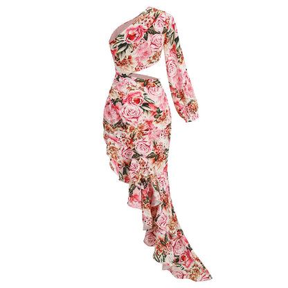 Kvinna Klänning med Utskärningar Blommönster Stretchmaterial-3