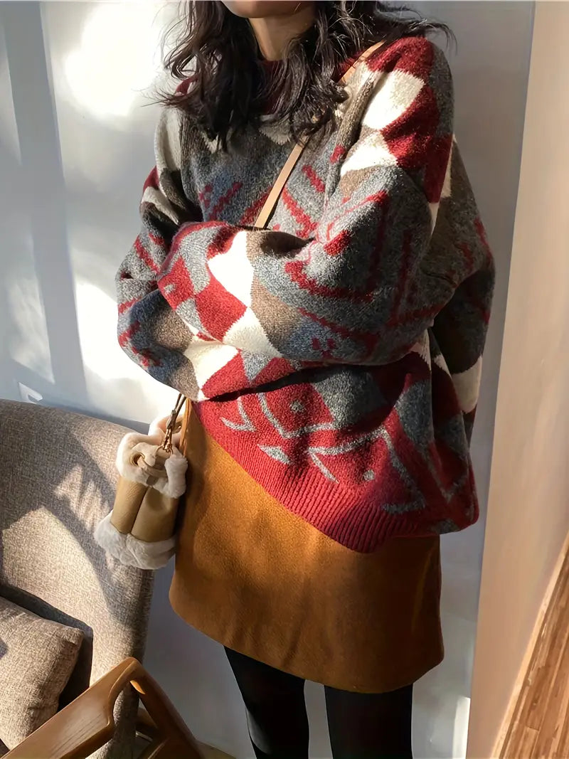 Kvinnors Tröja Rund Halsringning Geometriskt Mönster Mjuk Fiberblandning-4