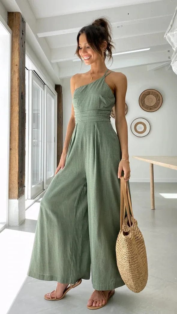 Dam Jumpsuit Hög Midja Bredbyxor Lätt Stretchigt Material-5