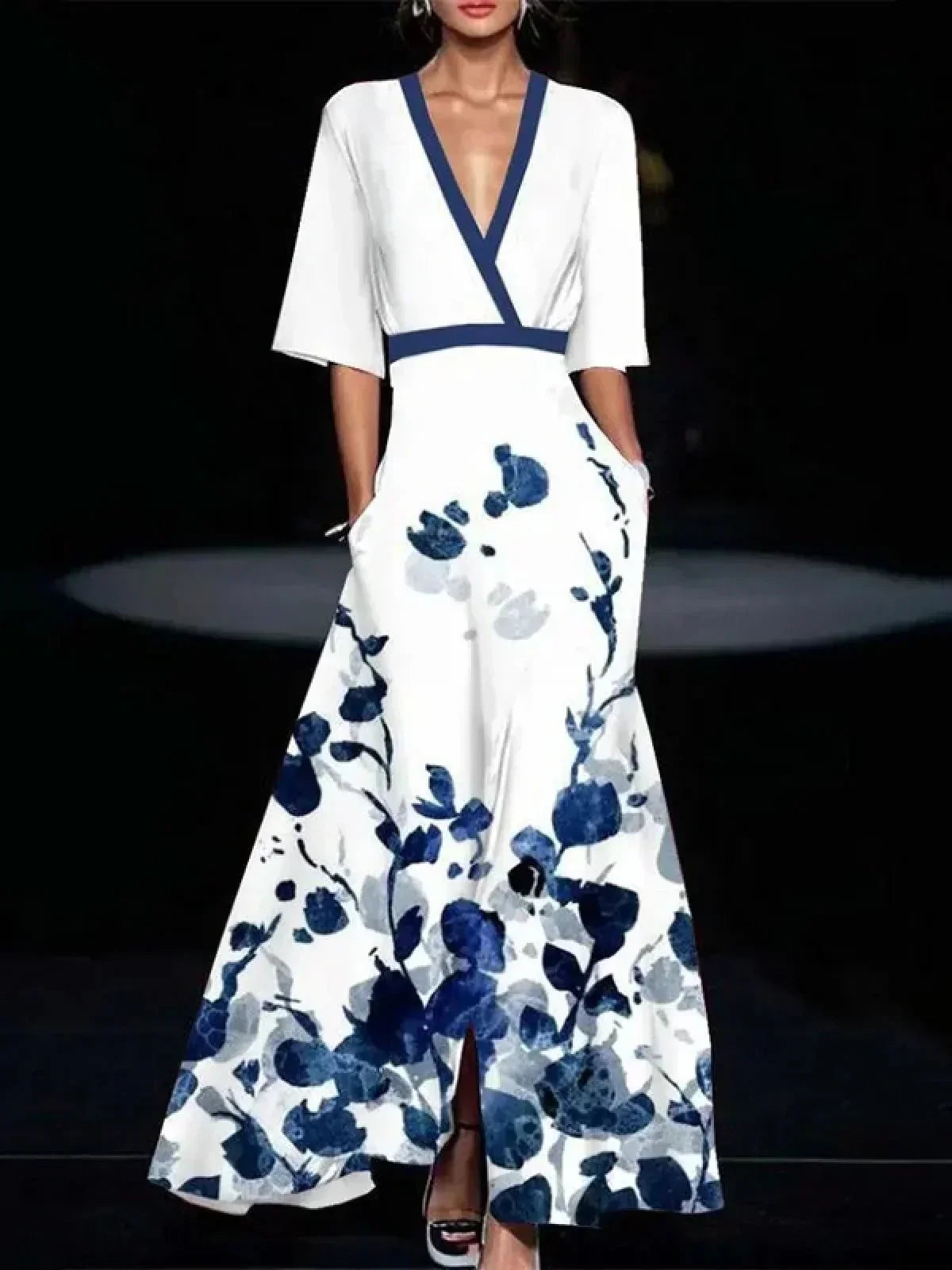 Variant image for Maxiklänning Dam Blommönster V-ringning Lätt Tyg-6