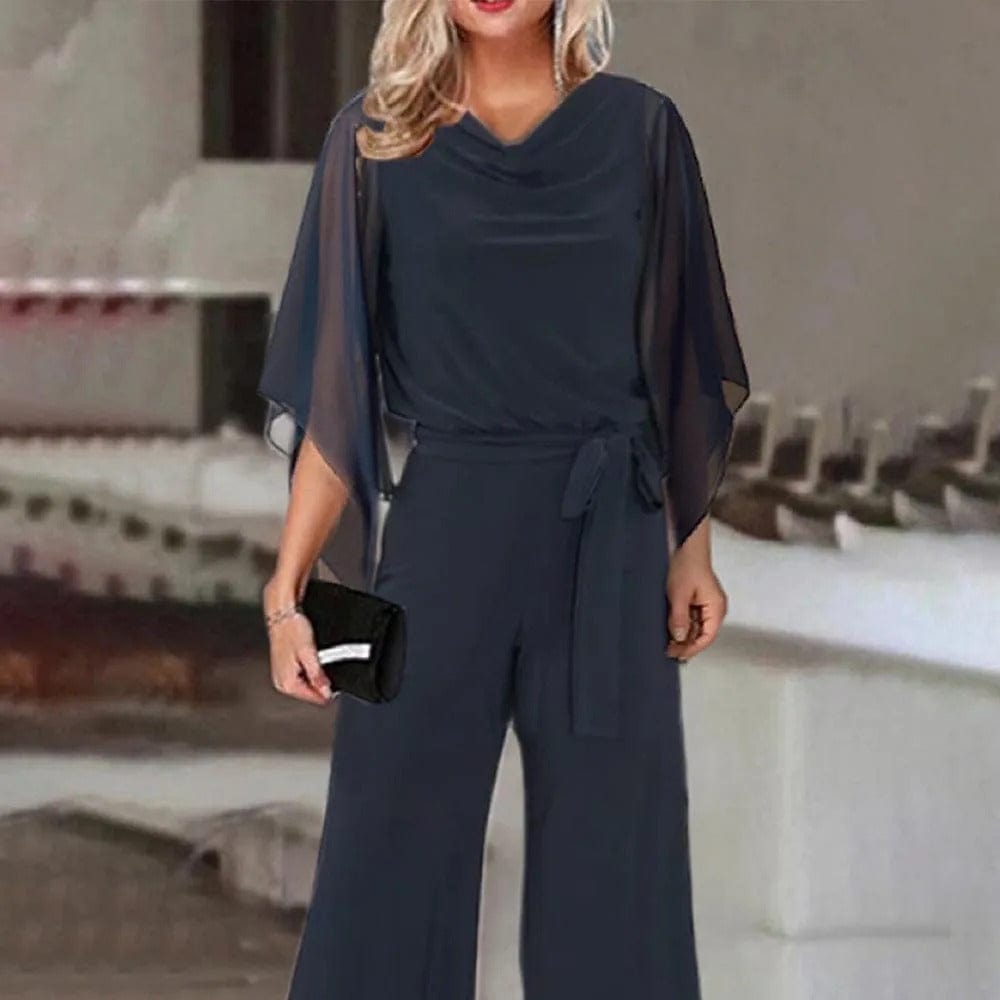 Dam Jumpsuit Rak Snitt Polyester Chiffon med Breda Ben och Asymmetriska Ärmar-3