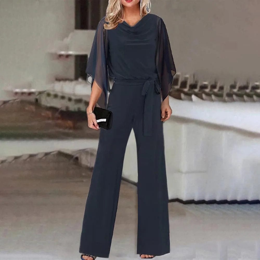Dam Jumpsuit Rak Snitt Polyester Chiffon med Breda Ben och Asymmetriska Ärmar-2